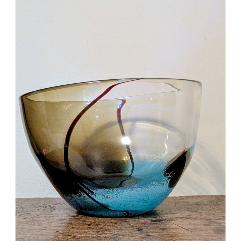 Vintage 8" Hand Blown Art Glass Bowl Amber Turquoise Slanted Rim Trailed Accents
